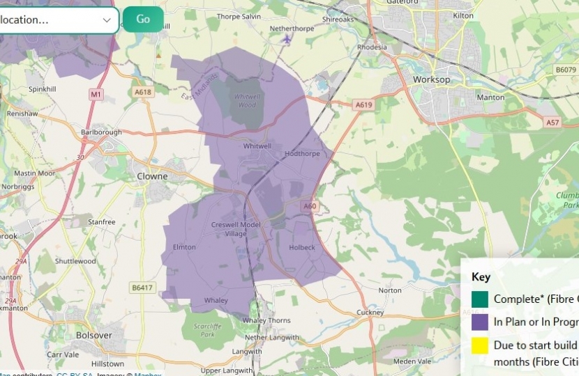 Map of intended areas for Broadband across Creswell and Whitwell