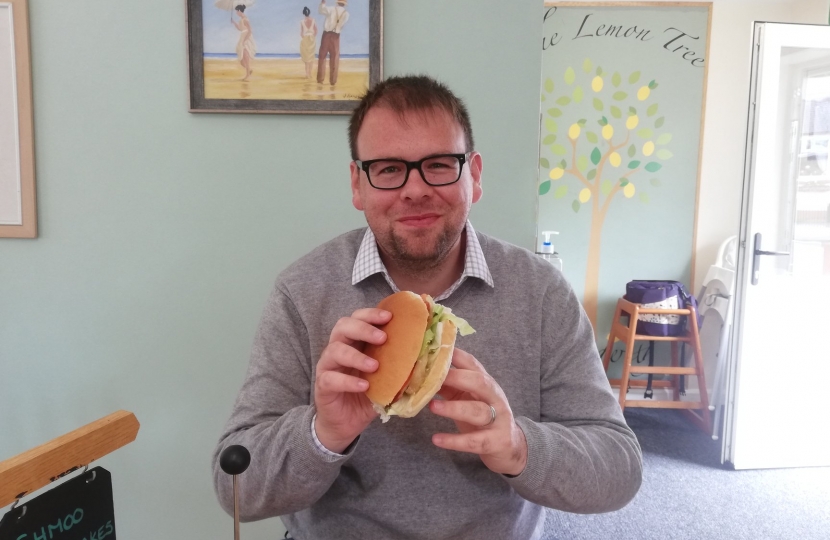 Mark enjoying a Chicken and Bacon Cob