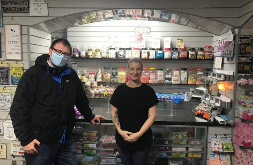 Mark Fletcher MP with shop owner Sharon as he visits the Gifted with Love store 