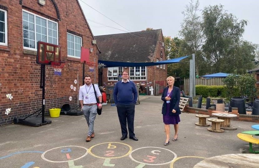 Mark Fletcher MP,  Cllr James Barron and headteacher Zoe Andrews at Tibshelf Infants and Nursery