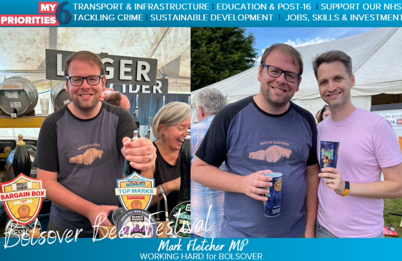 Mark pulling pints and Mark with husband, Will at Bolsover Beer Festival