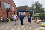 Mark Fletcher MP,  Cllr James Barron and headteacher Zoe Andrews at Tibshelf Infants and Nursery