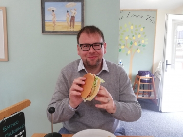 Mark enjoying a Chicken and Bacon Cob