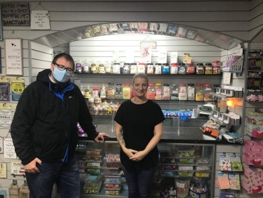 Mark Fletcher MP with shop owner Sharon as he visits the Gifted with Love store 