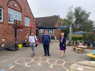 Mark Fletcher MP,  Cllr James Barron and headteacher Zoe Andrews at Tibshelf Infants and Nursery