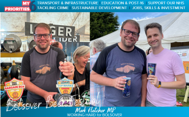 Mark pulling pints and Mark with husband, Will at Bolsover Beer Festival